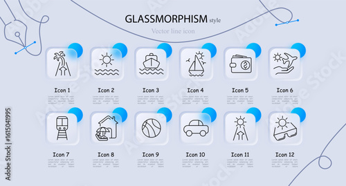 Vacation travel set icon. Displays beach, ship, sun, train, house, airplane, wallet, ball, map route, and sunglasses using soft vector line style on glassy cards