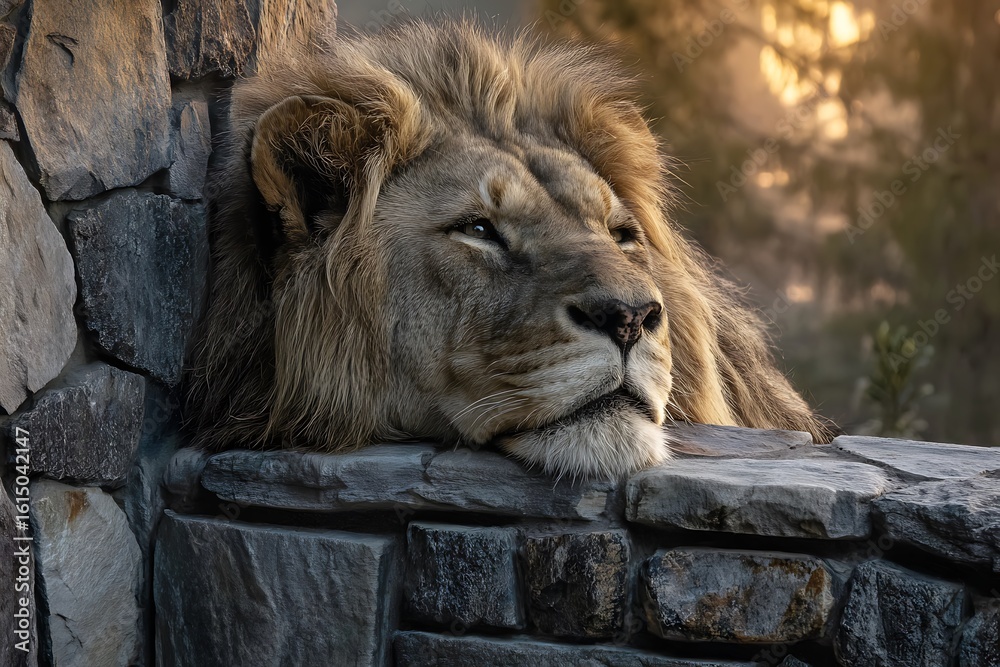 Naklejka premium Stately lion lounging on stone at golden sunset 