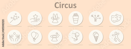 Circus set icon. Balloons, masks, magic hats, juggling, popcorn, ice cream, microphone, dance figure, and wand illustrate performance and entertainment with outlined simplicity