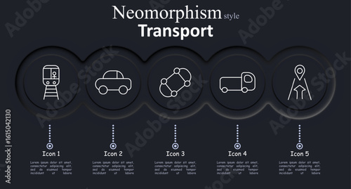 Transport set icon. Train front, car side, top-down car network, delivery truck, road with pin illustrate transit, routes, vehicle types, tracking, and transportation systems