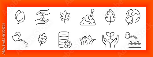 Eco and gardening set icon. Leaves, hand with sun, shovel with soil, watering, plant growth, compost, earth, tomato, sapling in environmental line style