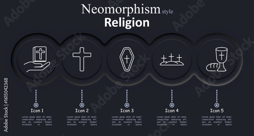 Religion set icon. Bible in hand, cross, coffin, graves with crosses, chalice with bread in neomorphism style with soft rounded dark elements