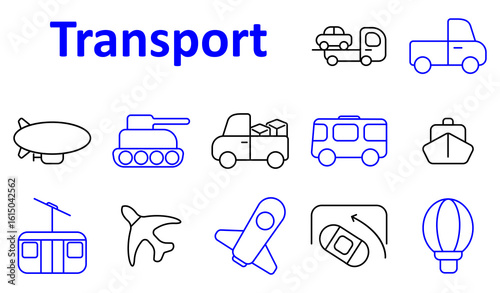 Transport set icon. Includes blimp, tank, pickup, car, ship, bus, tram, airplane, space rocket, hot air balloon, trailer, cargo, modern travel vehicles