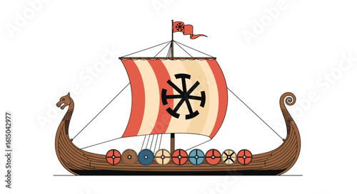Historic viking longship illustration with detailed shields and nordic navigation symbol