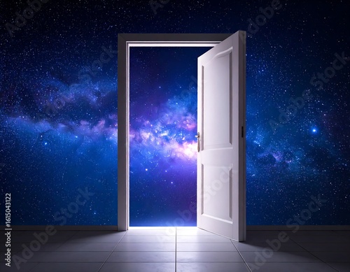 Open door reveals a vibrant, star-filled cosmos