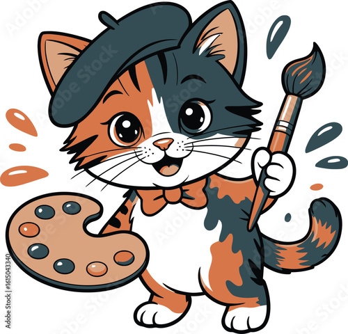 Cartoon Calico Cat Artist with Palette beret