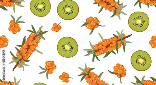 Vibrant pattern featuring fresh kiwi slices and abundant sea buckthorn berries in a natural arrangement