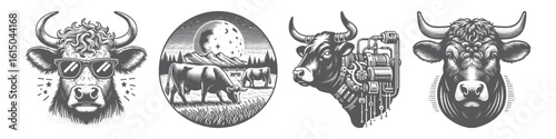 Vintage Hand-Drawn Cattle Wearing Sunglasses Collection Illustration, Cool Livestock Engraved Style Vector for T-Shirts and Funny Farm Themes Design