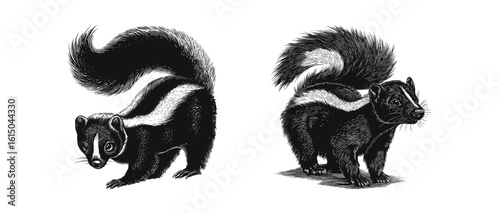 Skunk duo in black and white vector illustration showcasing intricate details of fur and patterns. This artwork captures two skunks in different poses highlighting their distinct features.