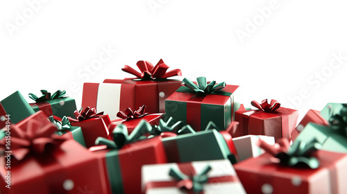 • A pile of red and green Christmas presents with bows, isolated on white background in HD 