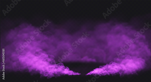 Purple Smoke effect on transparent dark background. Fog gray cloud above the floor surface with an empty spot