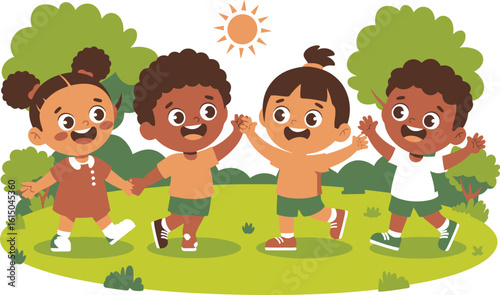 Diverse children holding hands and dancing in a park