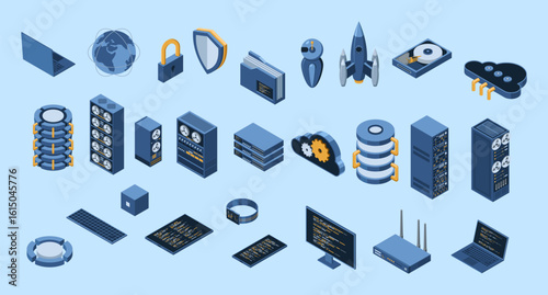 Set of isometric computer technology. Isometric set server equipment. Cloud network and database platform. Isometric technology