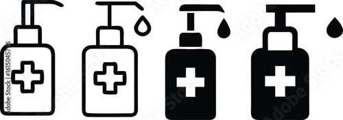 Four icons of hand sanitizer bottles with dispensing pumps and drops dispenser vector bundle collection set pack object template elements icons clipart illustration editable flat minimal modern banner