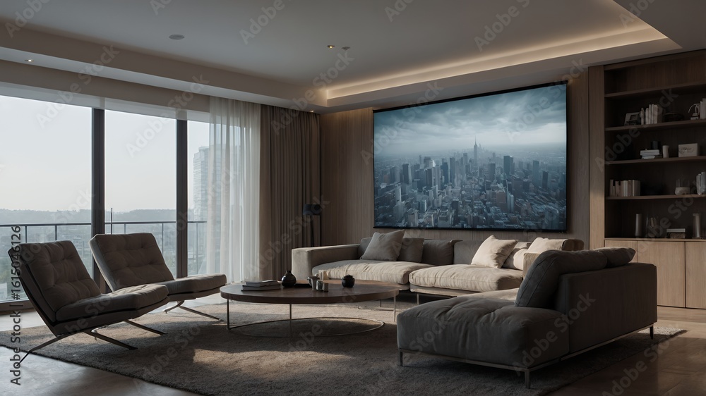 Fototapeta premium Modern minimalist living room interior with panoramic city view and large screen display