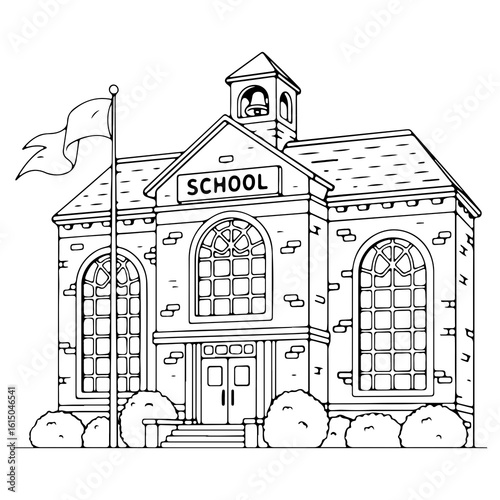 A detailed line art drawing of a classic school building with a bell tower and flag Represents education learning and academy Ideal for back to school or coloring book