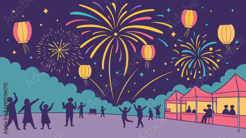 Crowd watching fireworks and lanterns at a night market with vendor tents and a festive atmosphere scene