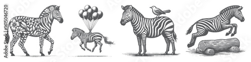 Vintage Hand-Drawn Zebra Flying with Balloon Collection Illustration, Whimsical Animal Engraved Style Vector for T-Shirts and Fantasy Themes Design