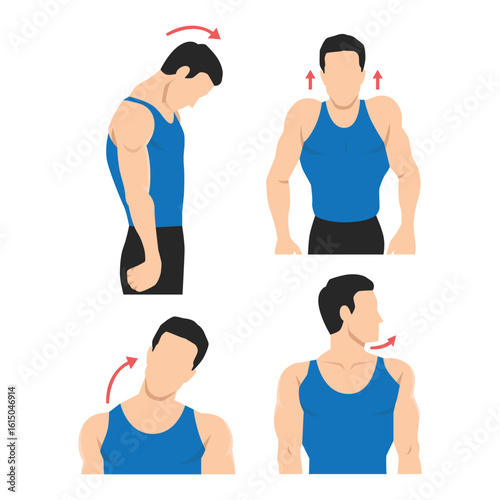 Man doing effective upper body stretches focused on relieving tension in the neck and shoulders. Flat vector illustration isolated on white background
