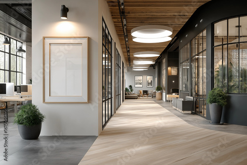 Modern office hallway with wood floors & plants