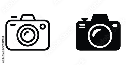 Vintage film camera icon with lens and flash for photography equipment design