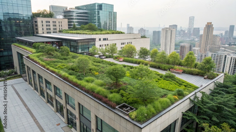 Fototapeta premium Urban Rooftop Garden with Lush Greenery and City Skyline Views