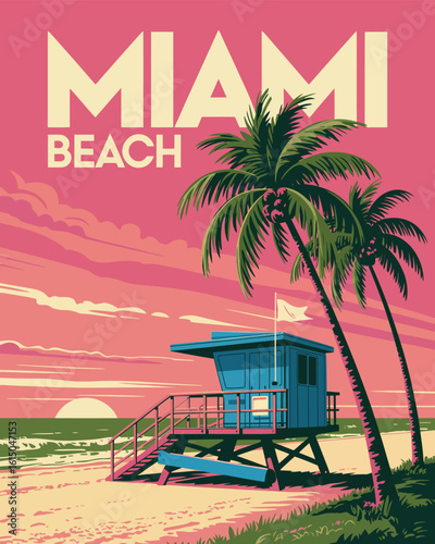 Miami Beach Poster Featuring Lifeguard House, Ocean Waves, Palm Trees, and Coastal Vibes – Vector Illustration Ideal for Travel Decor, Surf Culture, and Retro Themes