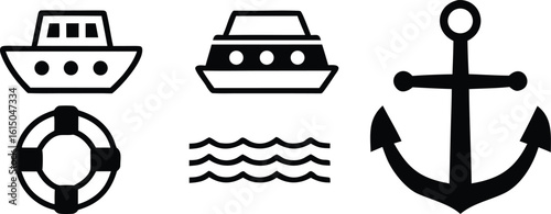 Nautical symbols including boats anchor life preserver and waves ship vector bundle collection set pack object template elements icons clipart illustration editable flat minimal modern banner poster