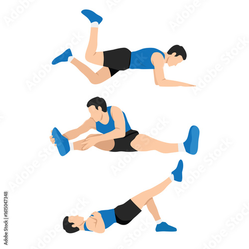 Lower Body Flexibility and Core Activation Exercises. Flat vector illustration isolated on white background