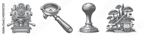 Vintage Hand-Drawn Coffee Grinder Collection Illustration, Classic Equipment Engraved Style Vector for T-Shirts and Café Themes Design
