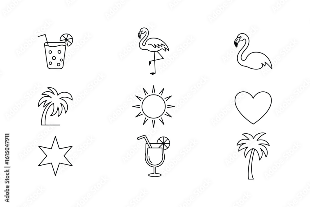Fototapeta premium Tropical drinks flamingos palm trees sun and heart shapes line art