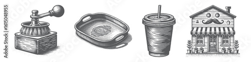 Vintage Hand-Drawn Grinder Collection Illustration, Classic Tool Engraved Style Vector for T-Shirts and Kitchen Themes Design