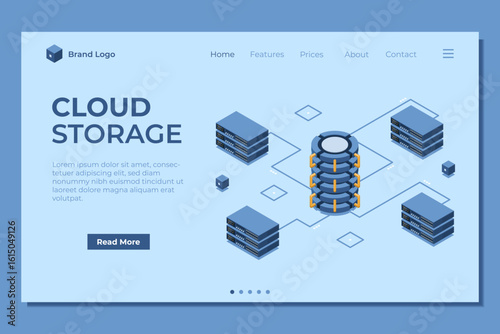 Isometric cloud database landing page. Database with cloud server. Cloud storage. Data transmission technology. Isometric technology
