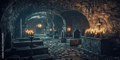 Underground crypt chamber with stone coffins and glowing candles lining arched stone ceiling, rough floor, and warm ambient light. Generative by AI.