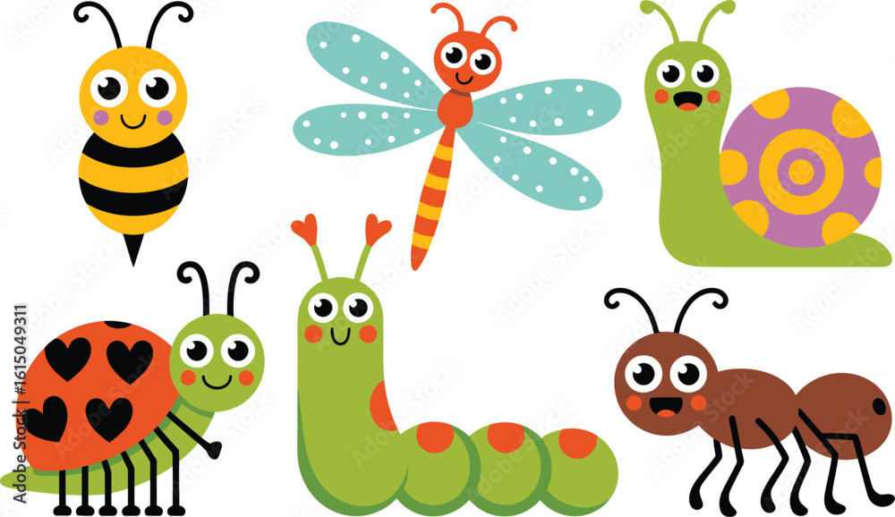 Obraz premium Assortment of six friendly cartoon insects on white background
