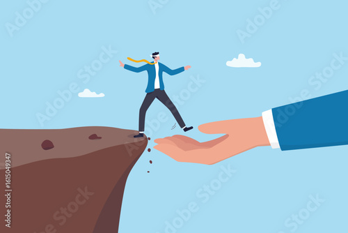 Trust reliability or work support, leadership to help or support employee, partnership to help success, care, belief or faith concept, businessman blindfold walk on trust reliable manager hand.