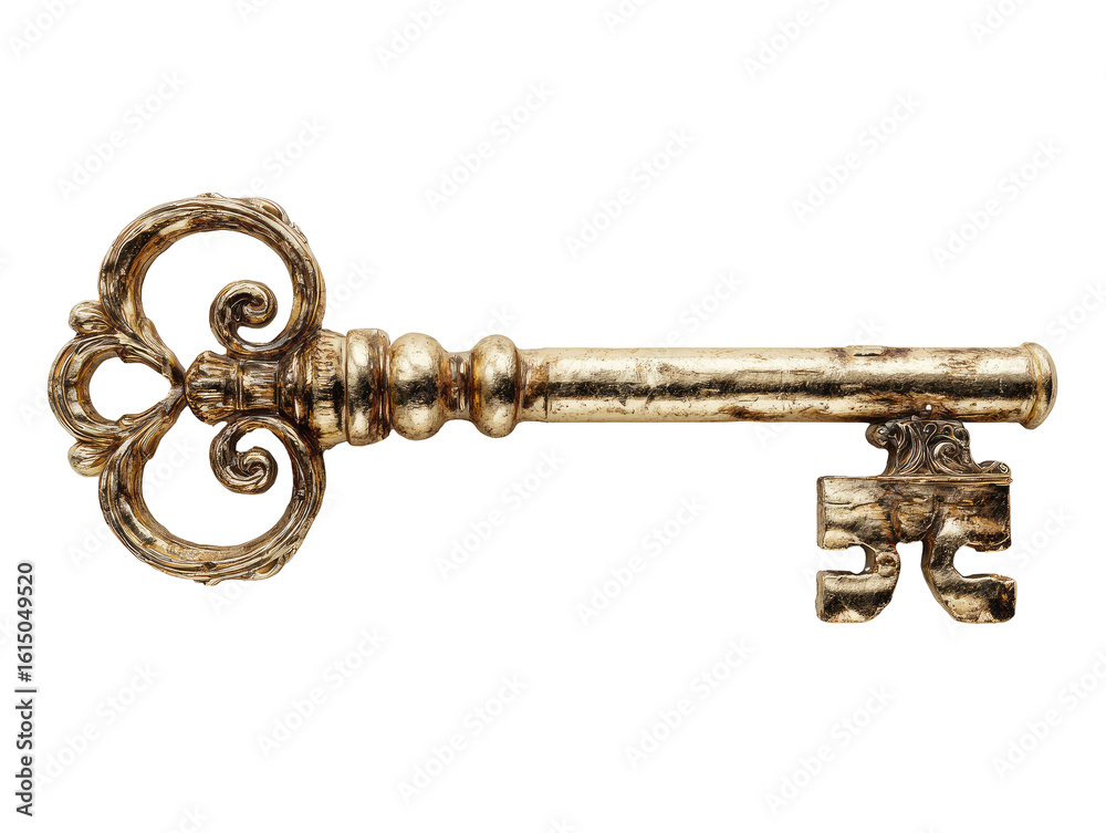 Antique brass key with ornate head Antique brass key with ornate head
