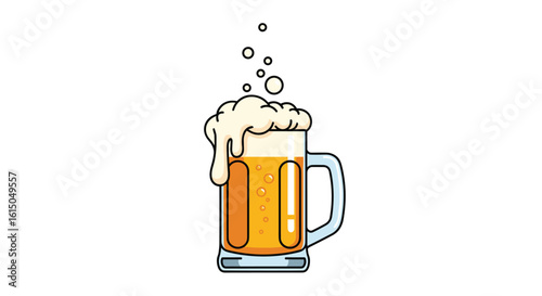 Refreshing Golden Ale Brewed in a Tall Glass Mug with Overflowing Frothy Head Bubbles Rising Upwards