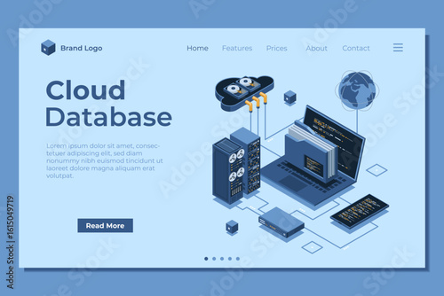 Isometric cloud authentication system with laptop landing page. Cloud technology computing concept. Cloud database. Internet data services. Isometric technology