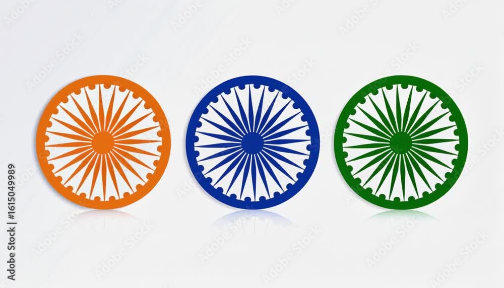 Three Ashoka Chakra symbols motion displayed in Indian flag colors. Ideal for India related patriotic, national holidays and cultural celebration
