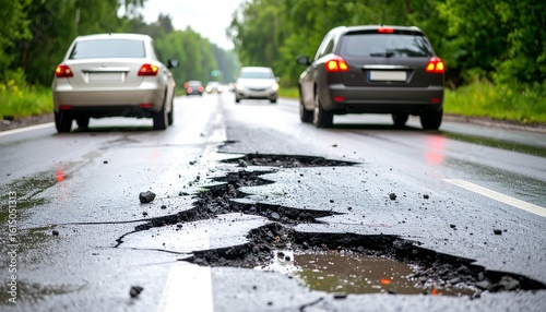 Rain-slick road with significant potholes and cracks, cars visible in the background
