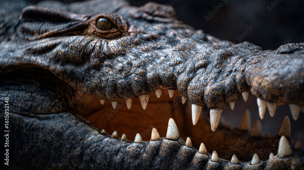 Obraz premium Up-close image of a Nile crocodile's mouth, emphasizing its rough-textured skin and sharp, jagged teeth. 