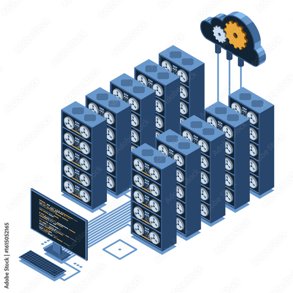 Fototapeta premium Isometric monitoring big data storage. Data transmission technology. Online hosting technology concept. Isometric technology