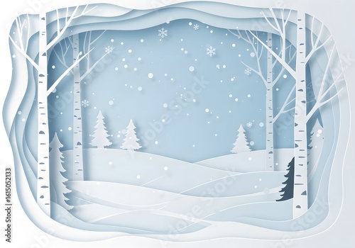 trees with falling snowflakes a light blue background. Merry christmas,Snow forest. pines in winter and mountain Paper vector Illustration a winter landscape with white birch trees, snow-covered hills