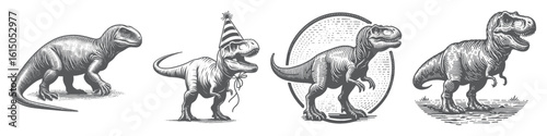 Vintage Hand-Drawn T-Rex Wearing Birthday Hat Collection Illustration, Prehistoric Dinosaur Engraved Style Vector for T-Shirts and Party Themes Design