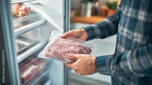 A man removes a frozen bag of meat from the home freezer--an example of frozen food storage. 