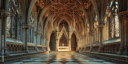 Gothic cathedral interior with vaulted ceilings, ornate arches, stained glass windows, empty hall with tiled floor, distant altar, ambient natural light through tall windows. Generative by AI.