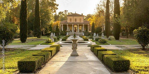 Large roman villa with symmetrical gardens, trimmed bushes, stone statues, central fountain, cypress trees lining walkway, sunny afternoon light, distant house facade. Generative by AI.
