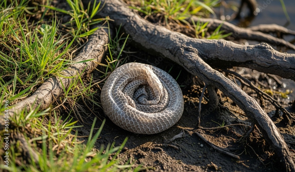 Obraz premium Discover shed snake skin abandoned in the grass near water showing transformation and growth