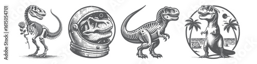 Vintage Hand-Drawn T-Rex Skeleton Collection Illustration, Prehistoric Fossil Engraved Style Vector for T-Shirts and Paleontology Themes Design